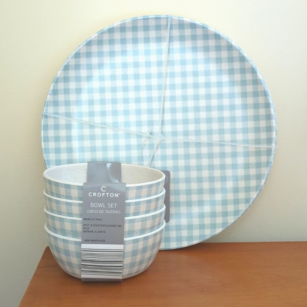 NWT 8-pc Crofton Aldi Blue Gingham Bamboo Melamine Dining Set 4 Plates 4 Bowls
